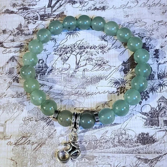Om Aum Zen Mantra Green Aventurine Gemstone Stretch Bracelet - Picture 4 of 7